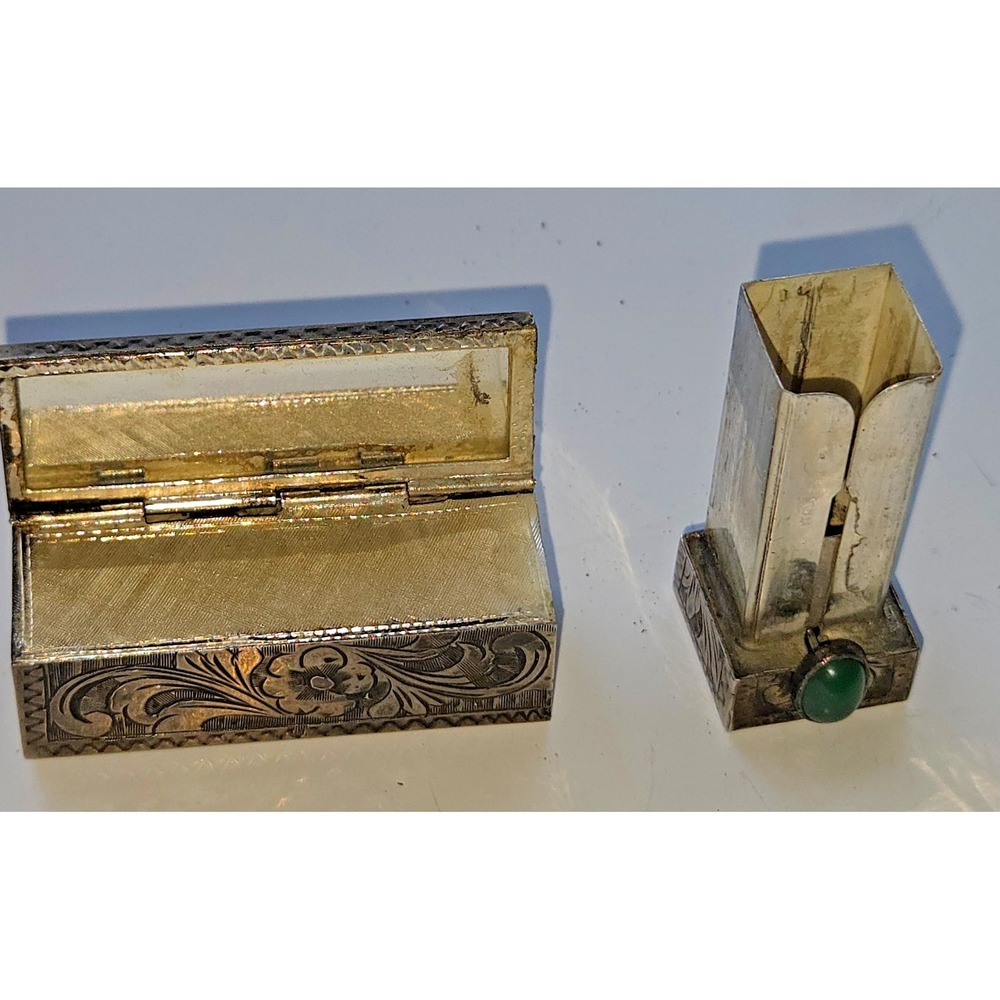 Vintage Italian Engraved Silver Lipstick Holder w Mirror & Green Cabochon - Picture 9 of 11